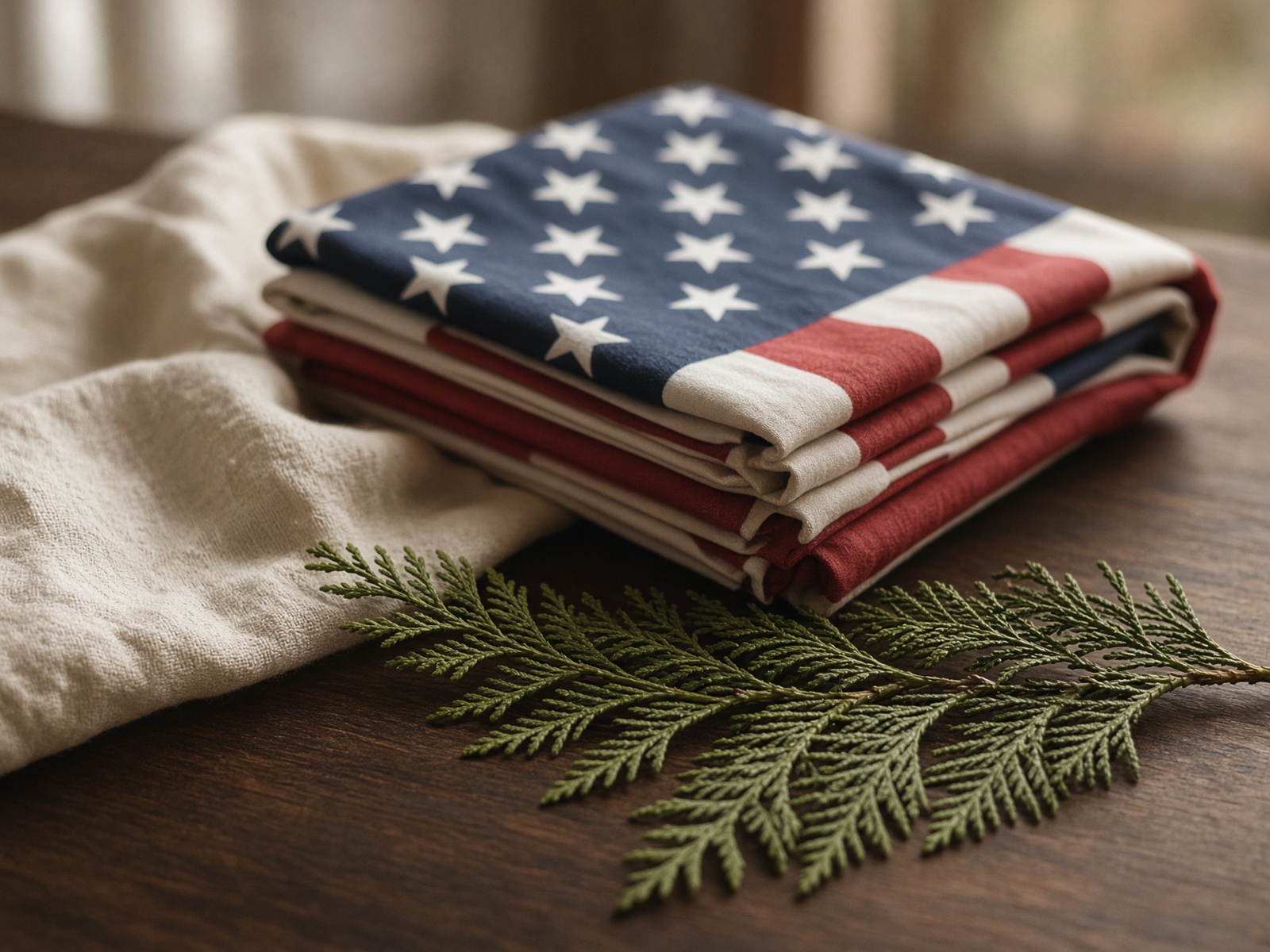 Folded American flag on walnut next to Pacific Northwest cedar
